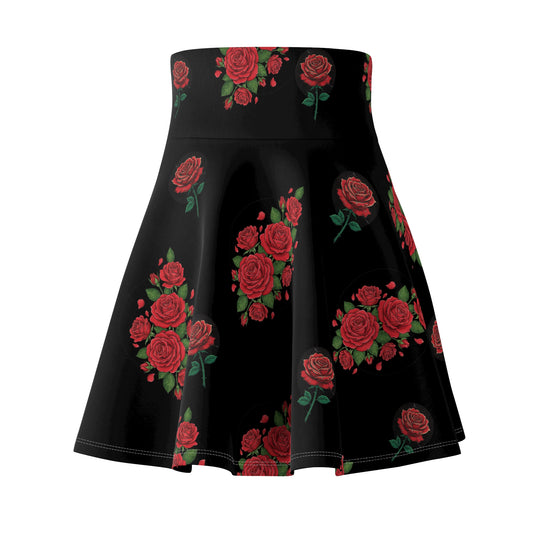 Black Rose Skater Skirt — Floral High-Waist AOP