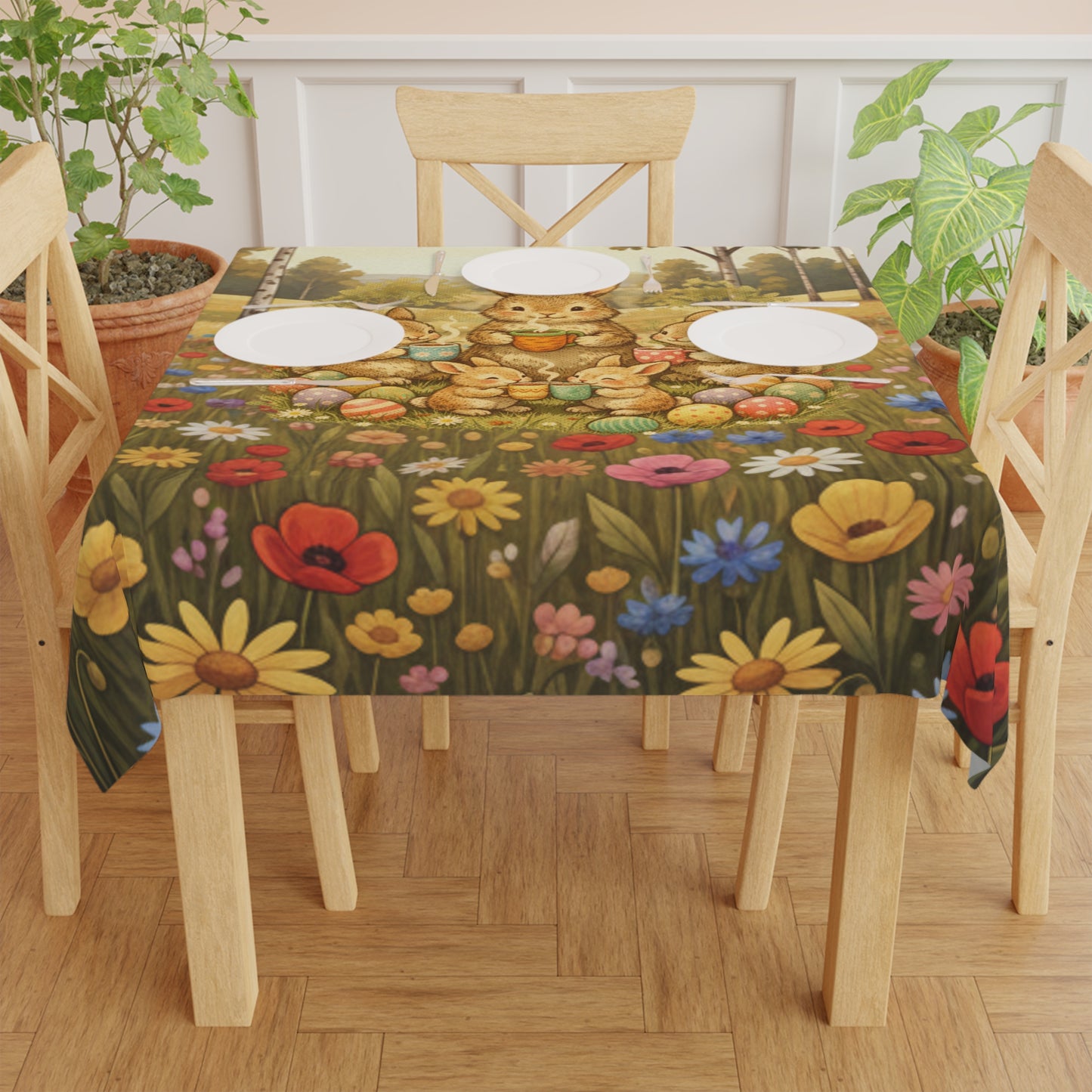 Easter Bunny Meadow Tablecloth — Floral Spring Picnic Decor