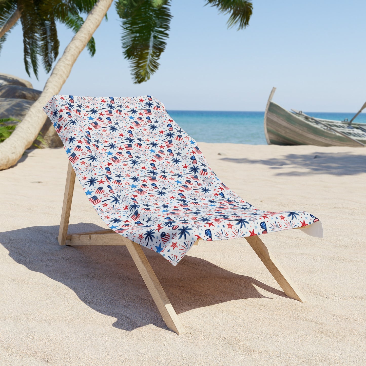 Beach Towel — Red, White & Blue Tropical Stars and Palm Pattern (4th of July / Summer Pool & Beach)