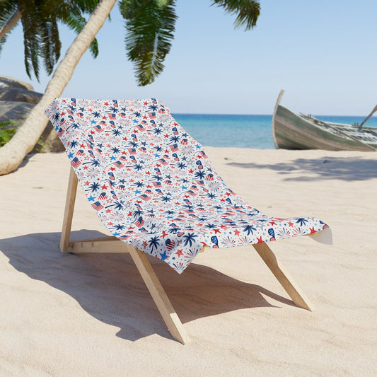 Beach Towel — Red, White & Blue Tropical Stars and Palm Pattern (4th of July / Summer Pool & Beach)