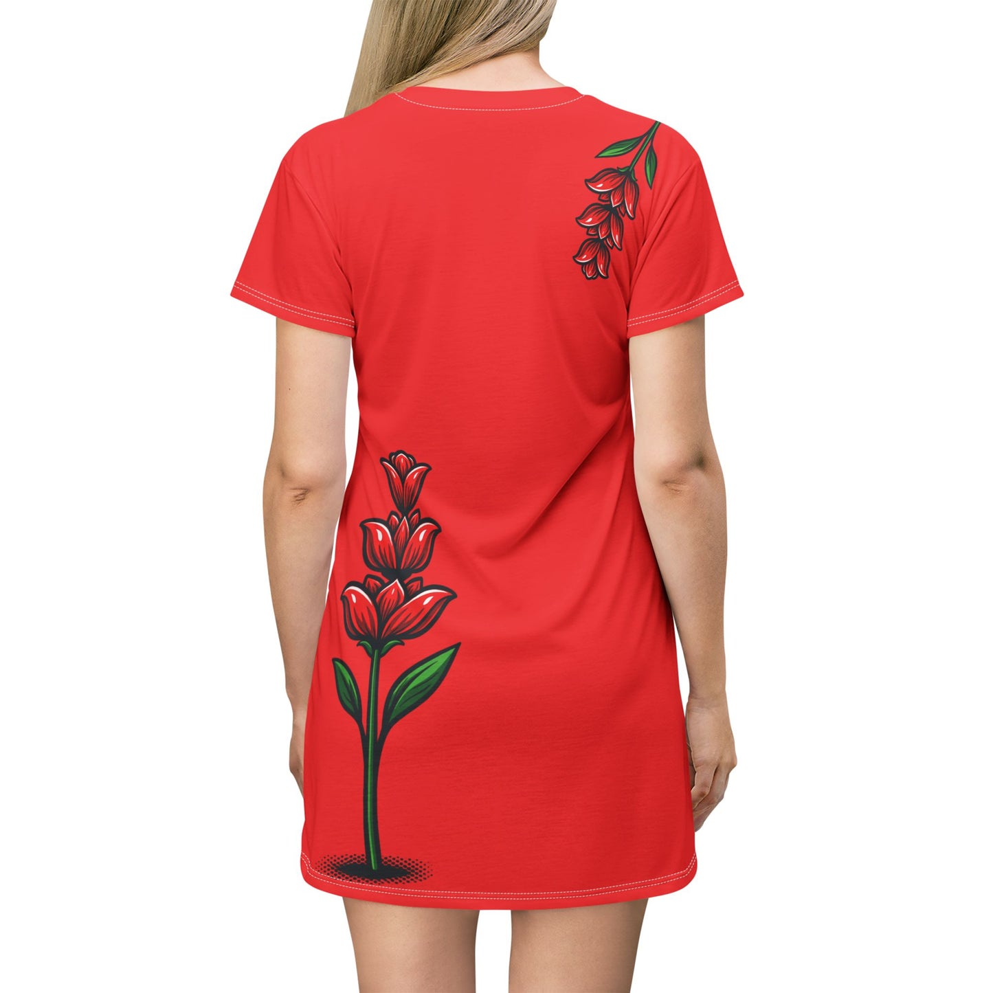 Red Floral T‑Shirt Dress – Tropical Heliconia Print