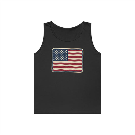 American Flag Tank Top — Vintage USA Patch "Made in USA" Sleeveless Tee