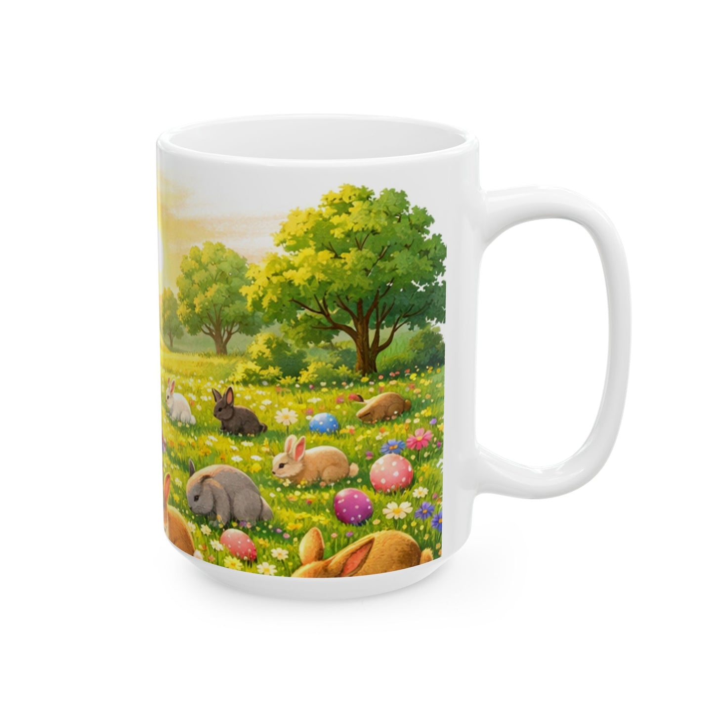 Easter Bunny Meadow Ceramic Mug — Spring Sunrise Rabbits & Colorful Eggs (11oz/15oz)