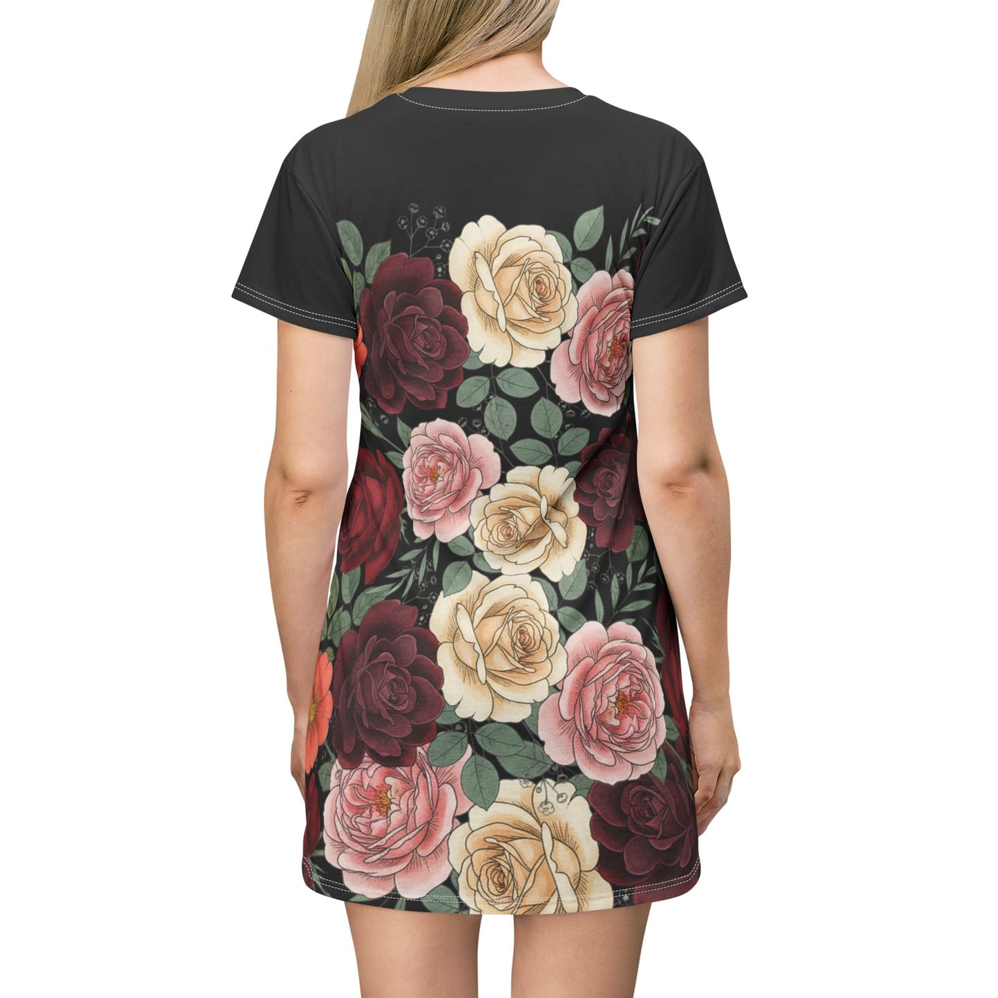 Floral Rose All-Over Print T-Shirt Dress — Vintage Garden Bouquet
