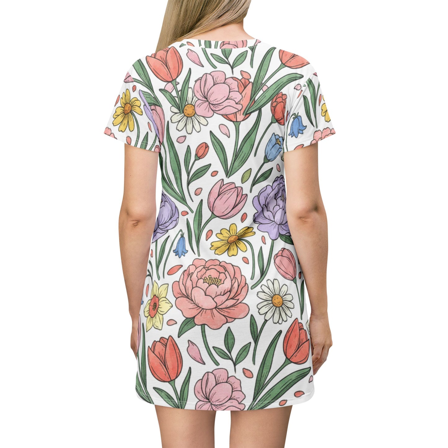 Floral All-Over Print T-Shirt Dress — Pastel Spring Garden Pattern