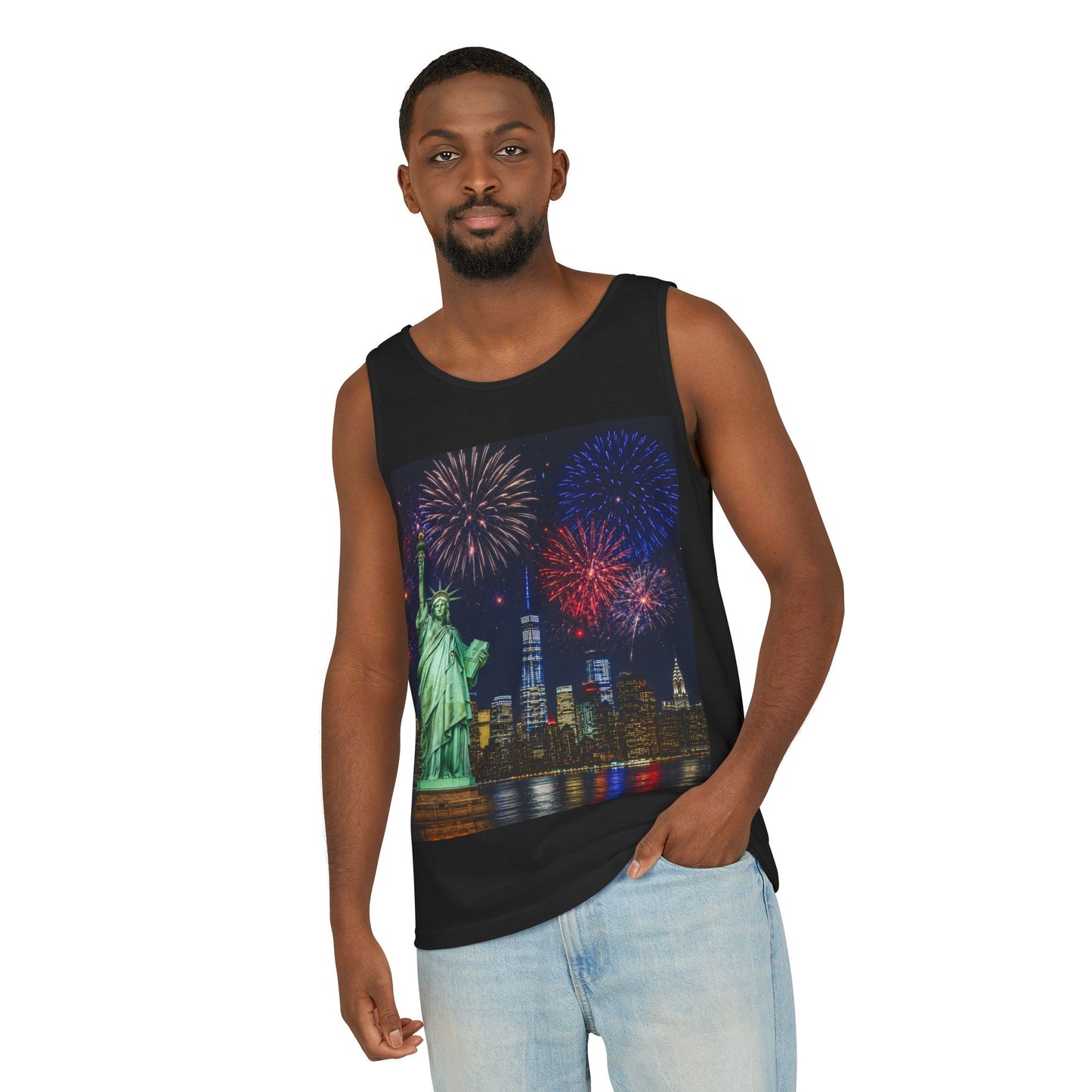 Liberty Fireworks Tank Top — Statue of Liberty & NYC Skyline 4th of July Shirt