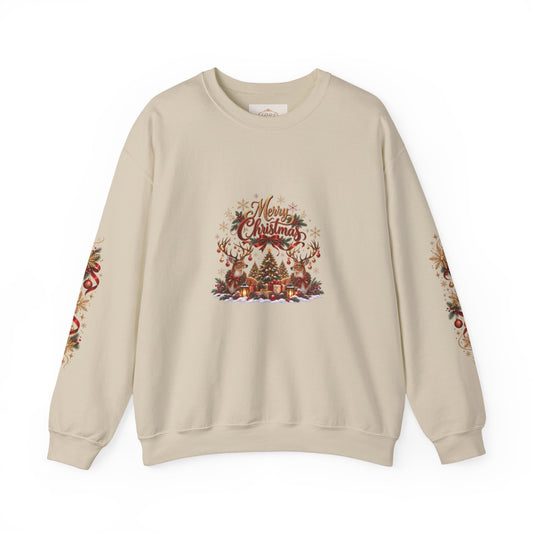 Merry Christmas Reindeer & Christmas Tree Sweatshirt – Festive Holiday Crewneck with Decorative Sleeves