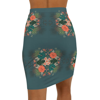 Tropical Floral Pencil Skirt — Teal Hibiscus Mid-Waist Skirt