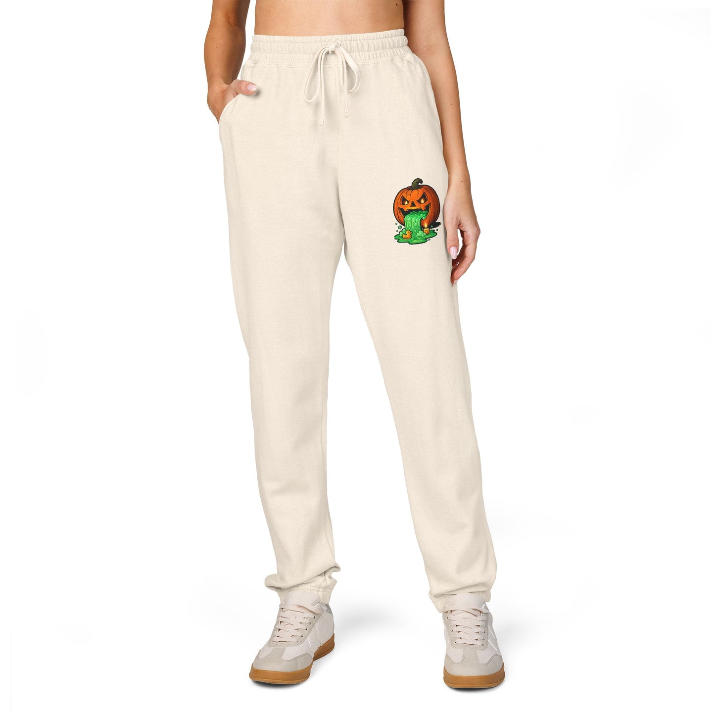Relaxed Unisex Fleece Sweatpants with Playful Pumpkin Design, Cozy Lounge Wear for Fall, Halloween, Casual Comfort