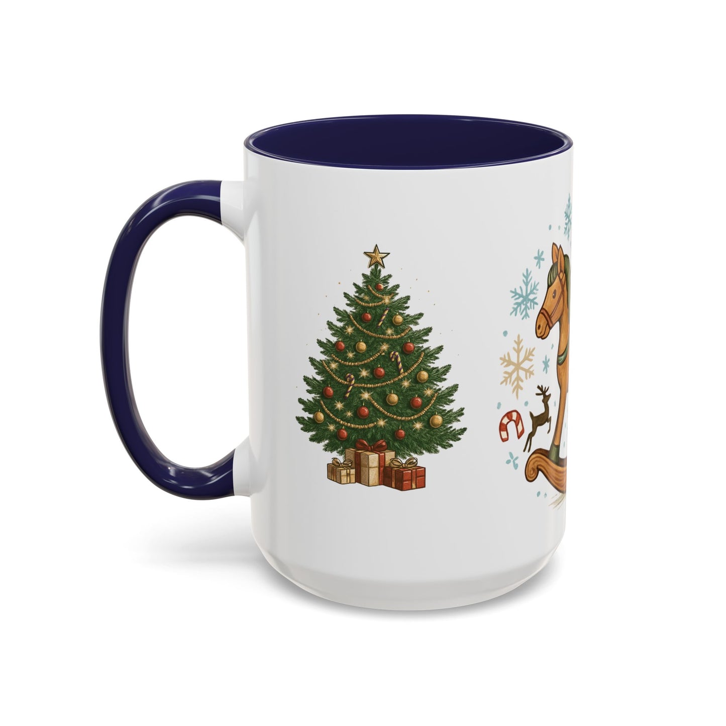 Christmas Rocking Horse Coffee Mug — Festive Tree & Candy Cane Holiday Mug (11/15oz)