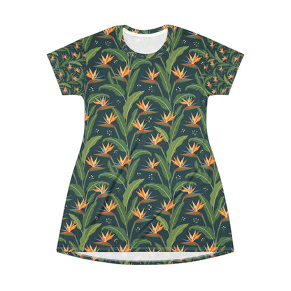 Bird of Paradise Floral T-Shirt Dress — Tropical All-Over Print