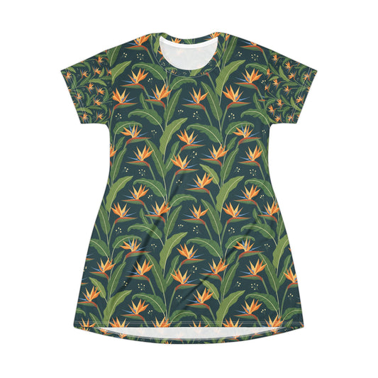 Bird of Paradise Floral T-Shirt Dress — Tropical All-Over Print