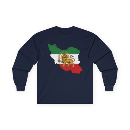 Iran Map Long Sleeve Tee with Lion & Sun Flag — Persian Heritage Shirt