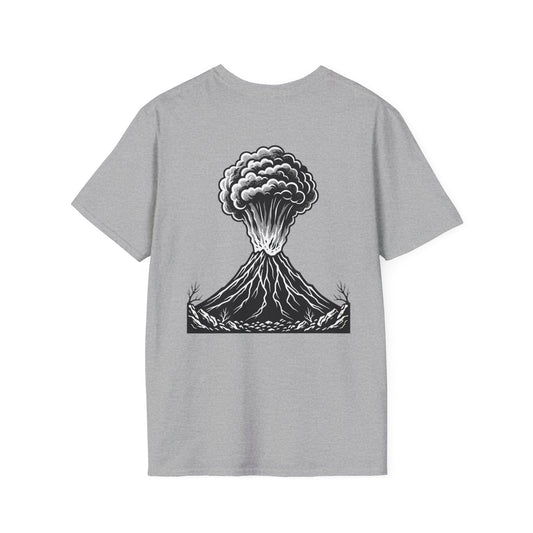 Volcanic Eruption T-Shirt — Monochrome Mountain Blast Graphic Tee