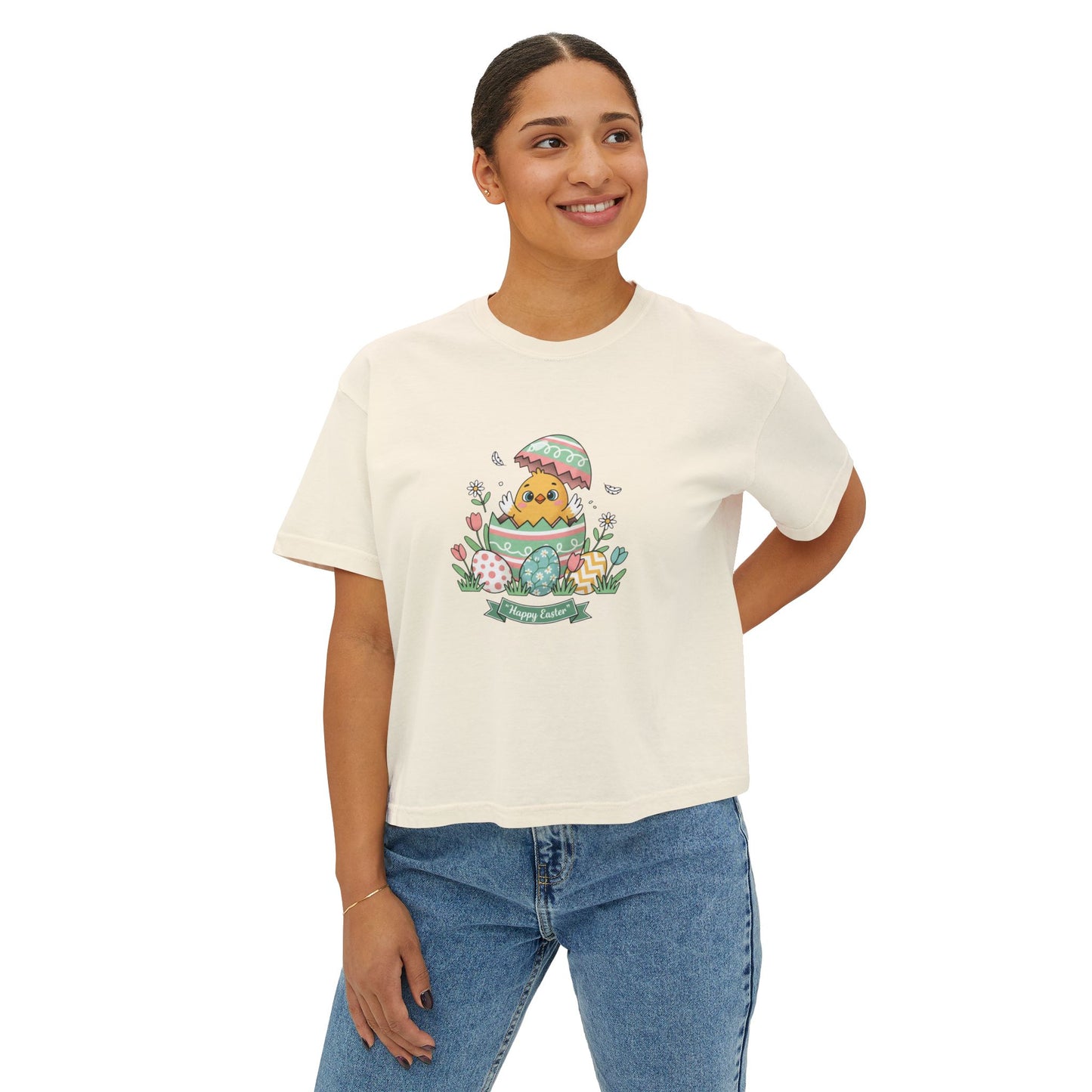 Easter Chick Boxy Tee — Cute Hatching Chick Graphic Women's Crop T-Shirt