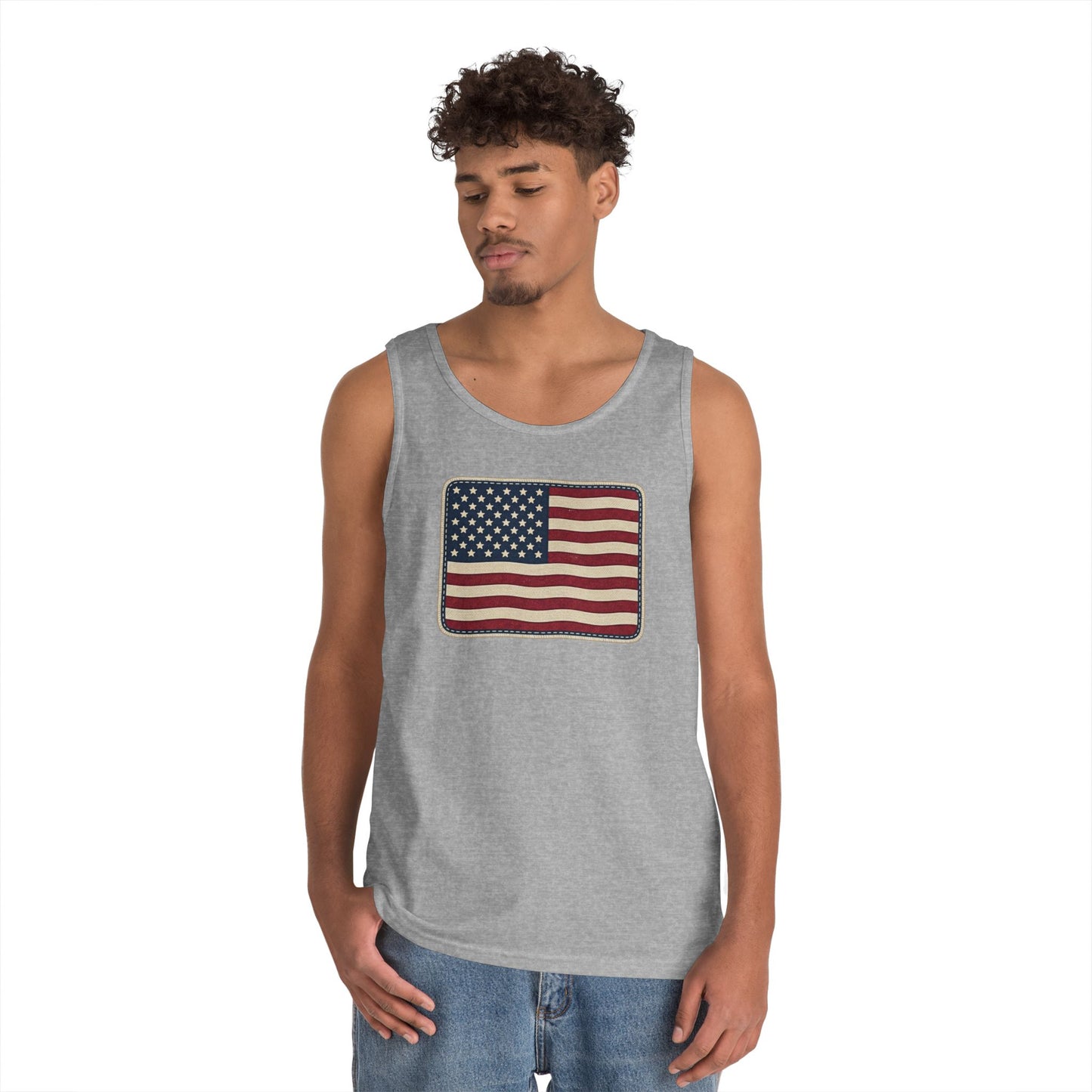 American Flag Tank Top — Vintage USA Patch "Made in USA" Sleeveless Tee