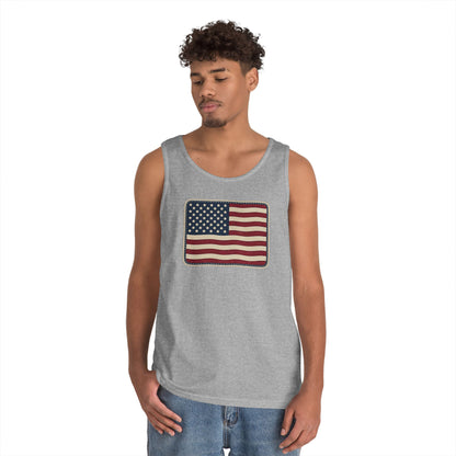 American Flag Tank Top — Vintage USA Patch "Made in USA" Sleeveless Tee