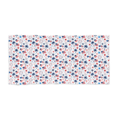 Beach Towel — Red, White & Blue Tropical Stars and Palm Pattern (4th of July / Summer Pool & Beach)