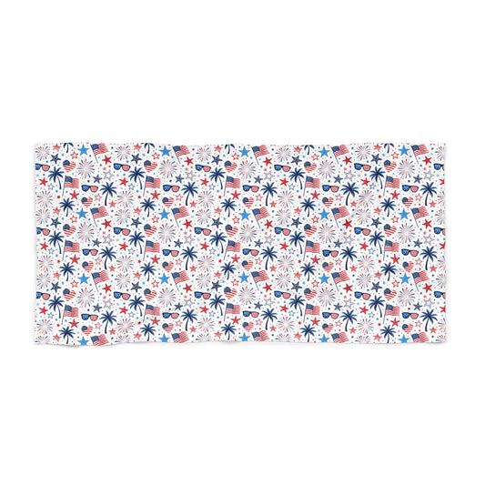 Beach Towel — Red, White & Blue Tropical Stars and Palm Pattern (4th of July / Summer Pool & Beach)