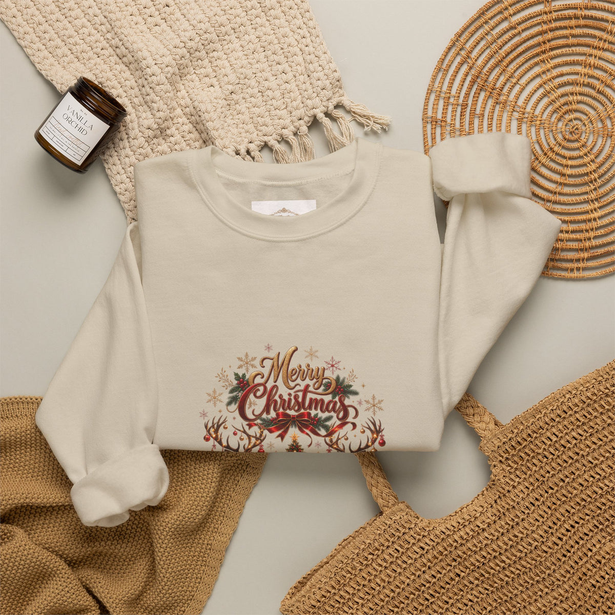 Merry Christmas Reindeer & Christmas Tree Sweatshirt – Festive Holiday Crewneck with Decorative Sleeves