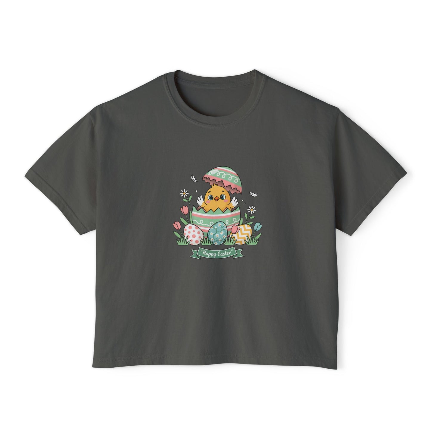 Easter Chick Boxy Tee — Cute Hatching Chick Graphic Women's Crop T-Shirt