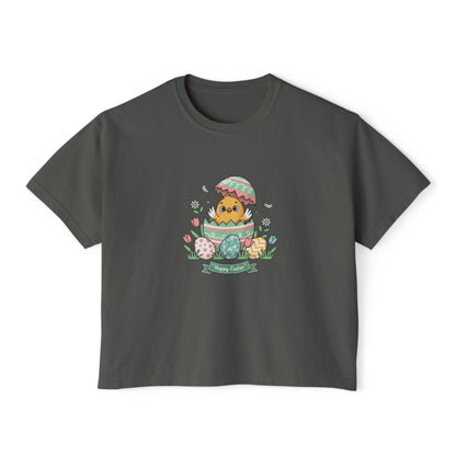Easter Chick Boxy Tee — Cute Hatching Chick Graphic Women's Crop T-Shirt