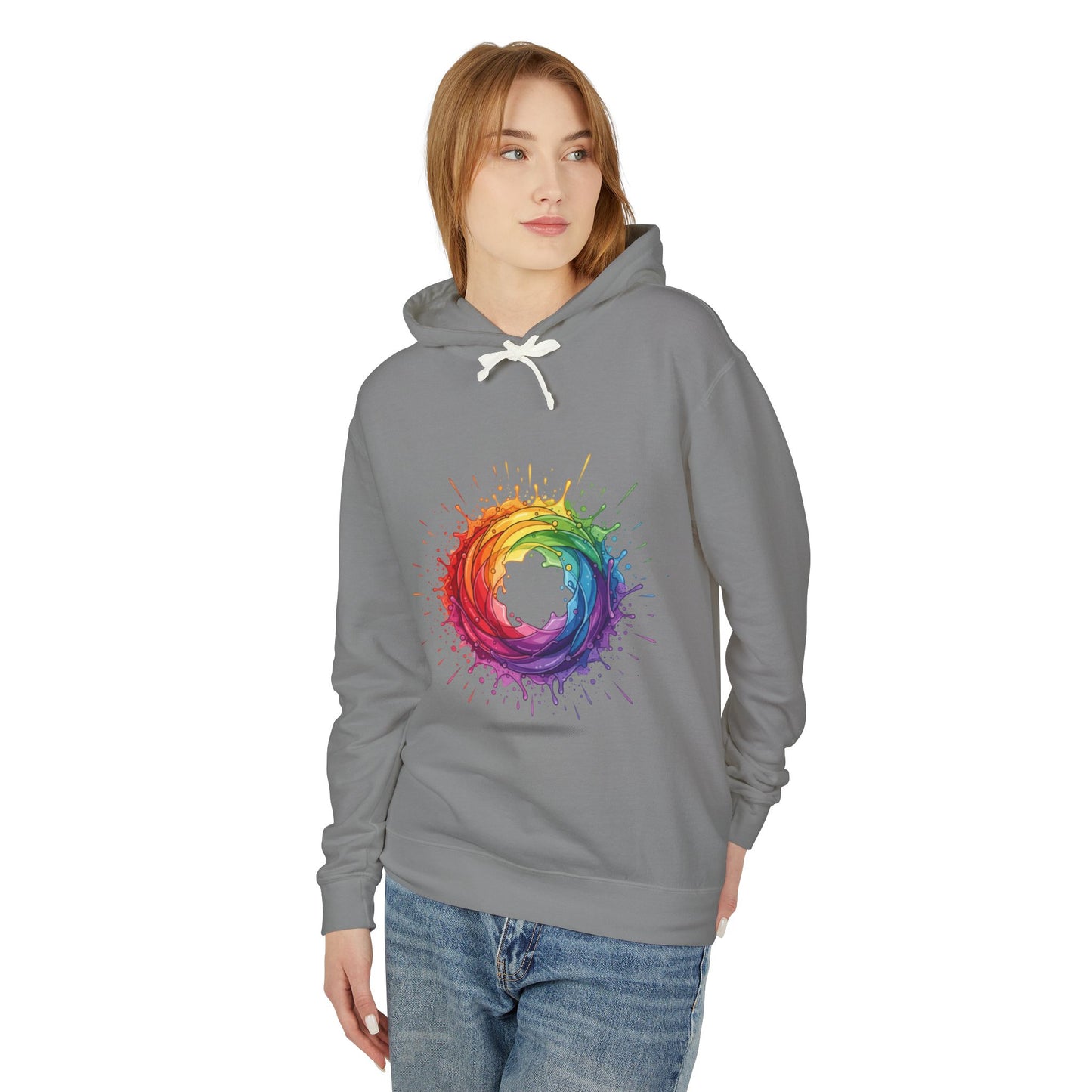 Rainbow Splash Circle Hoodie — Colorful Abstract Pride Pullover