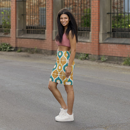 Retro Geometric Pencil Skirt — 60s Mod Teal & Mustard Print