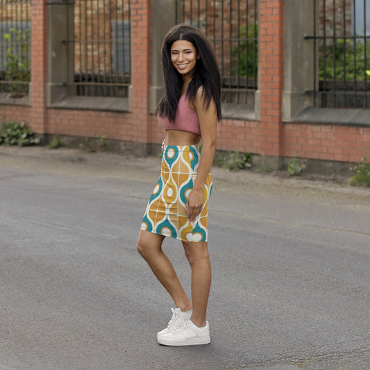 Retro Geometric Pencil Skirt — 60s Mod Teal & Mustard Print