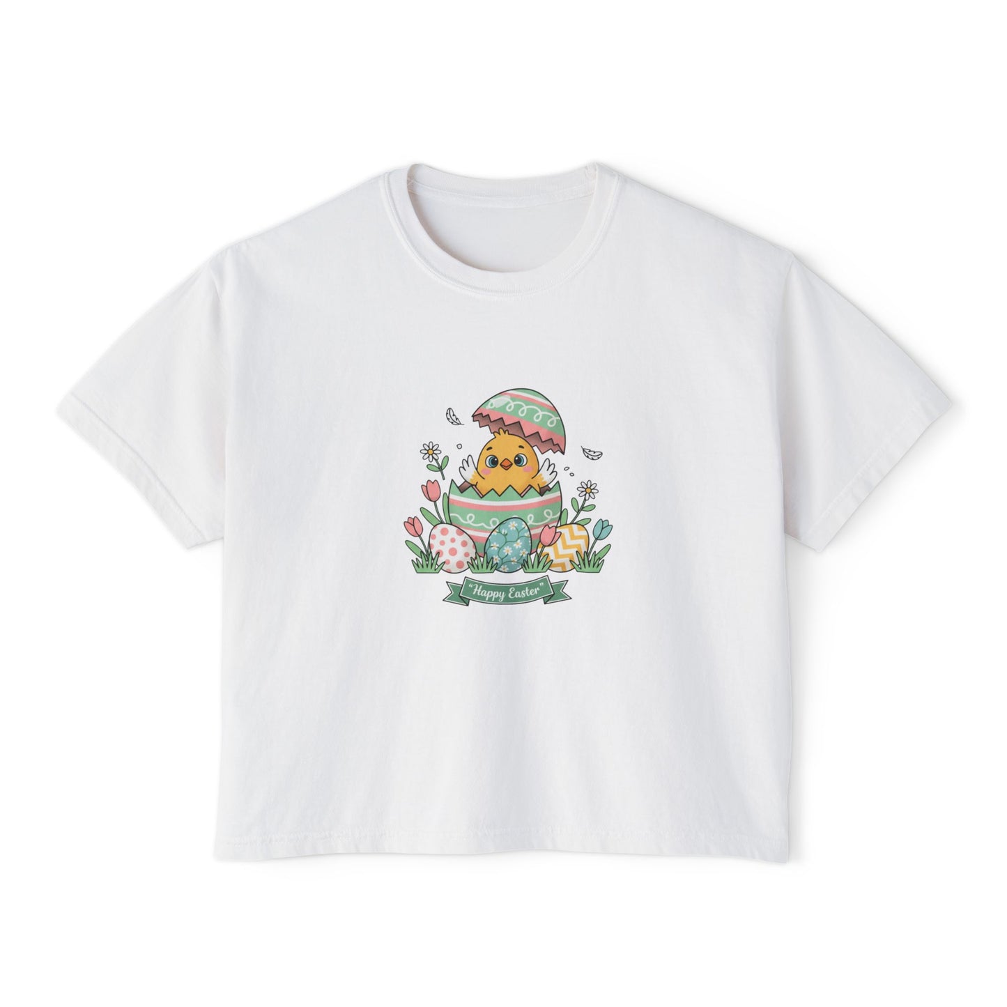Easter Chick Boxy Tee — Cute Hatching Chick Graphic Women's Crop T-Shirt
