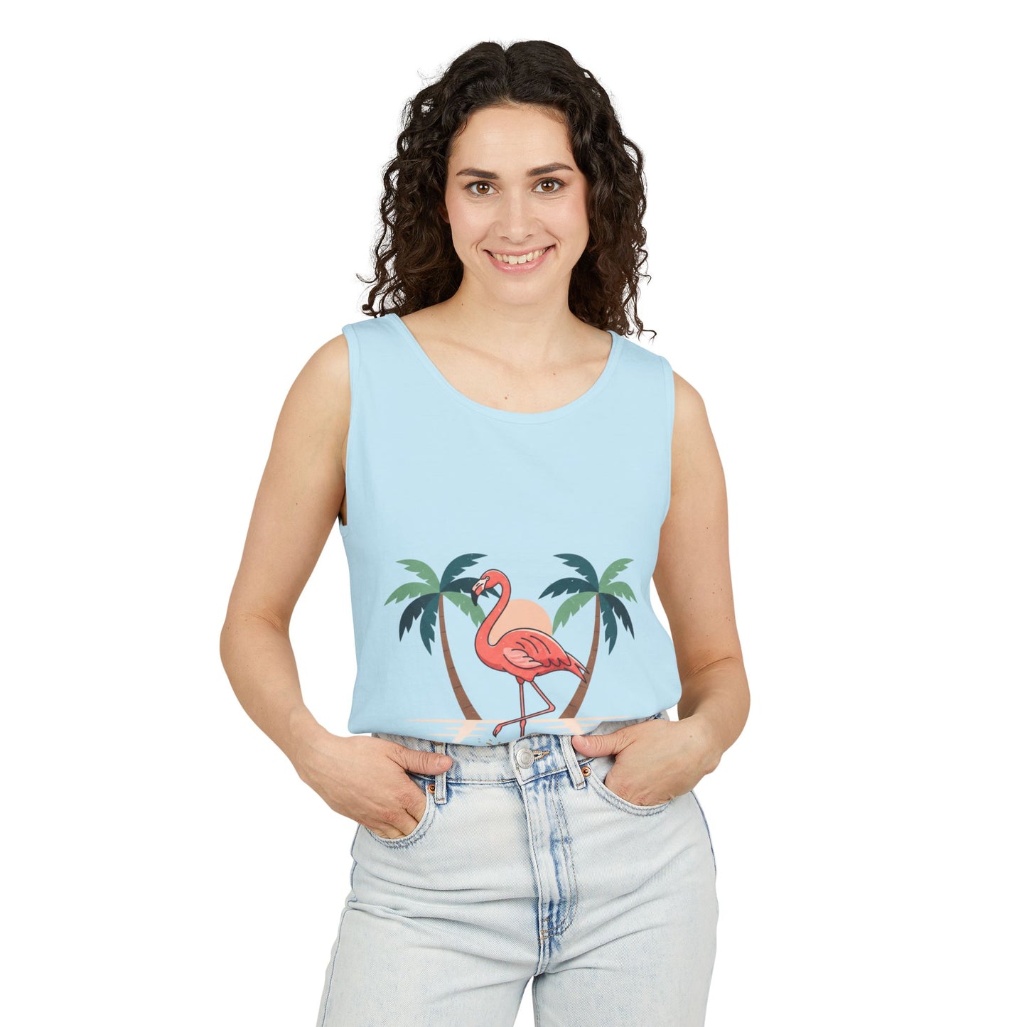 Flamingo Beach Tank Top — Tropical Palm Vacation Graphic Tank