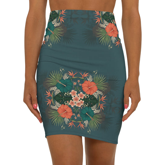 Tropical Floral Pencil Skirt — Teal Hibiscus Mid-Waist Skirt