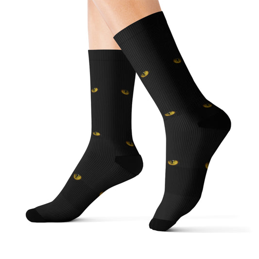 Mystical Cat Eyes Sublimation Socks - Unique Black Crew Socks for Cat Lovers