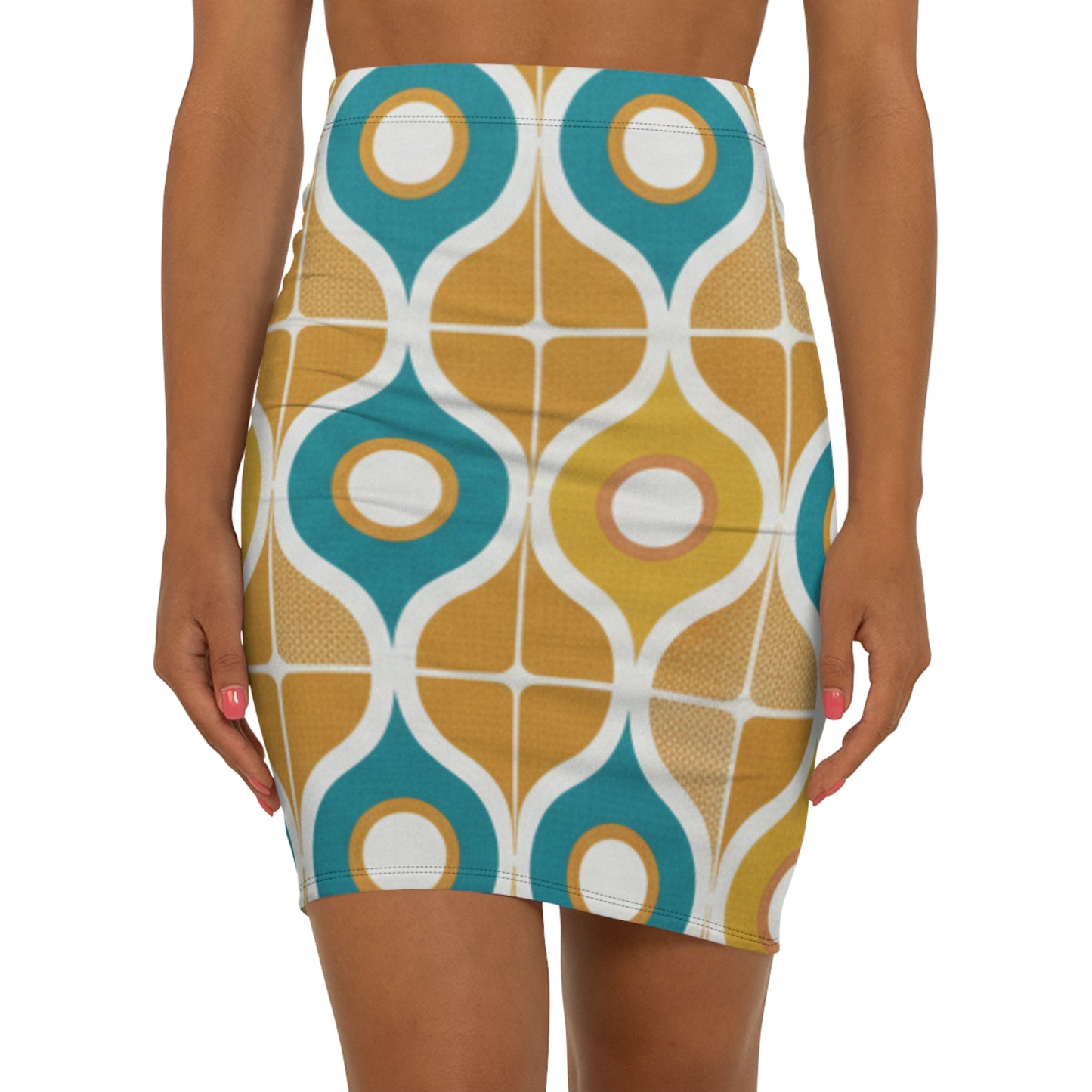 Retro Geometric Pencil Skirt — 60s Mod Teal & Mustard Print