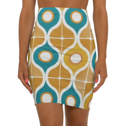 Retro Geometric Pencil Skirt — 60s Mod Teal & Mustard Print