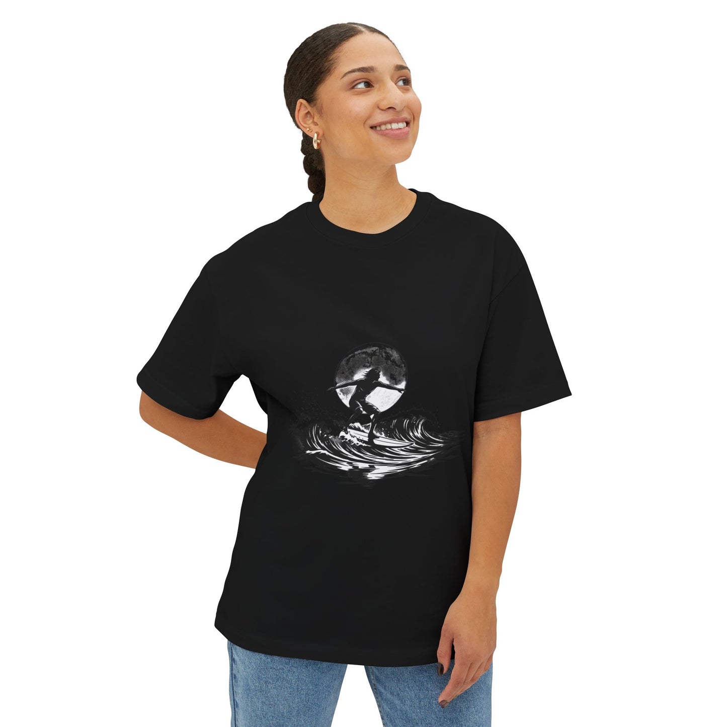 Surf Moon Graphic Tee — Silhouette Surfer on Waves