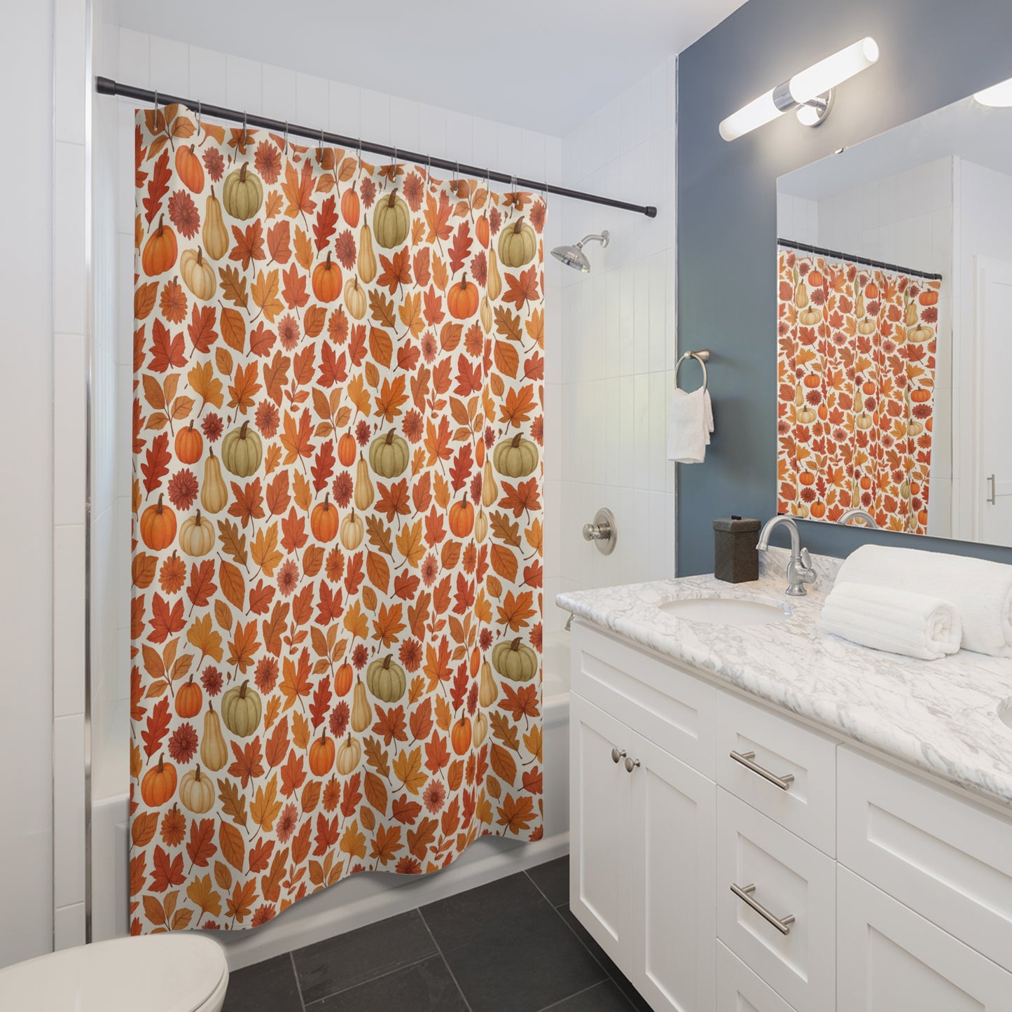 Fall Harvest Shower Curtain, Autumn Decor, Pumpkin Leaf Print, Seasonal Bathroom, Thanksgiving Vibes, Cozy Home Accent