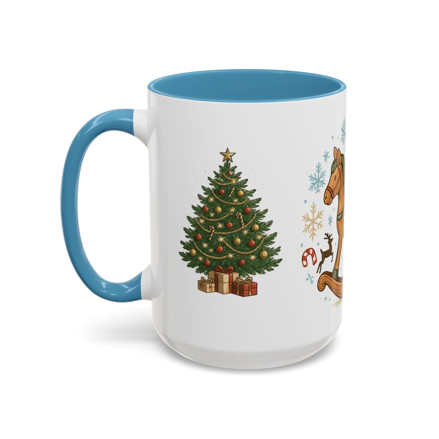 Christmas Rocking Horse Coffee Mug — Festive Tree & Candy Cane Holiday Mug (11/15oz)