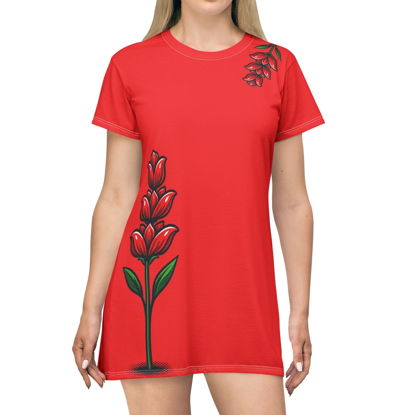 Red Floral T‑Shirt Dress – Tropical Heliconia Print