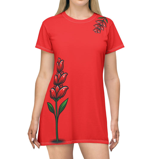 Red Floral T‑Shirt Dress – Tropical Heliconia Print