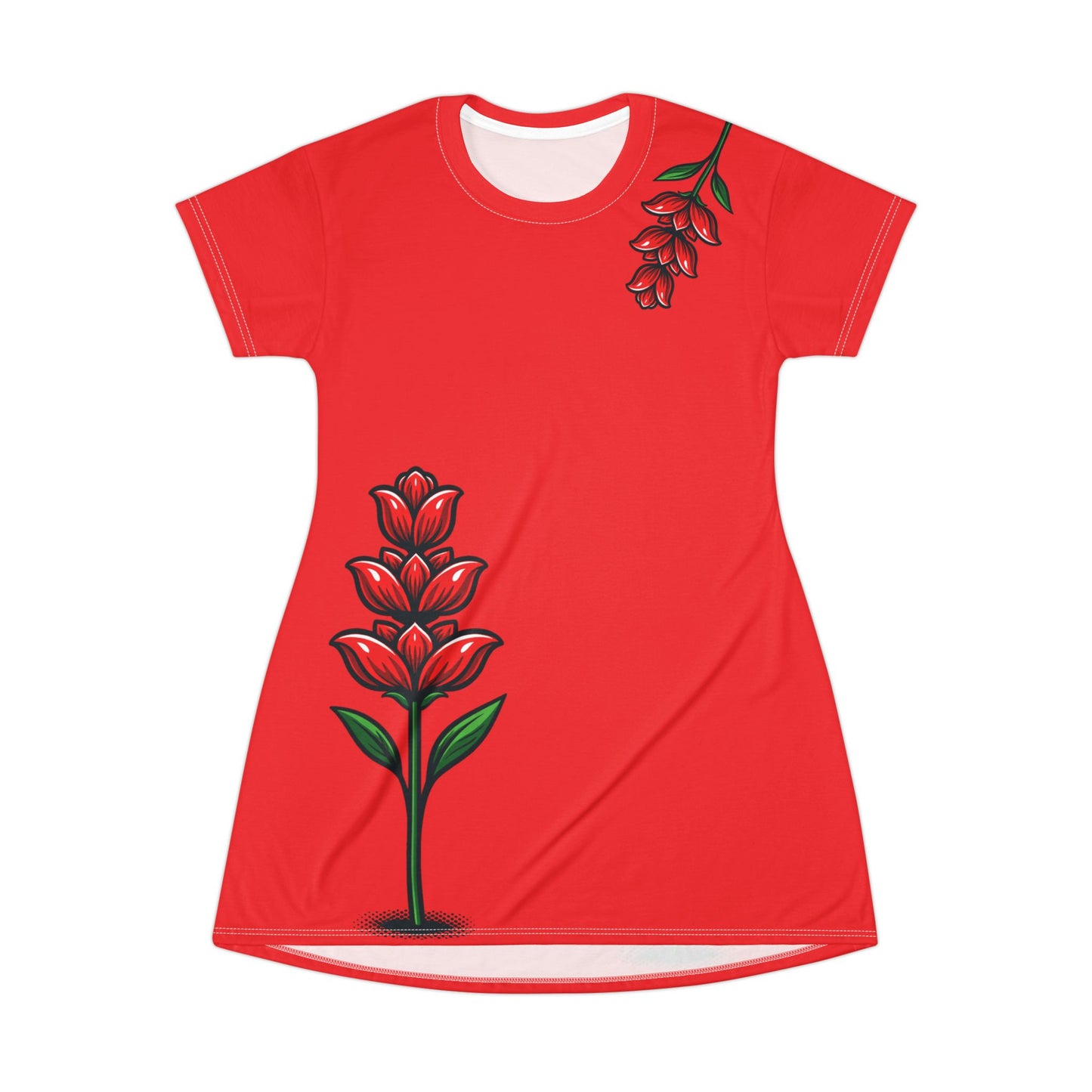 Red Floral T‑Shirt Dress – Tropical Heliconia Print