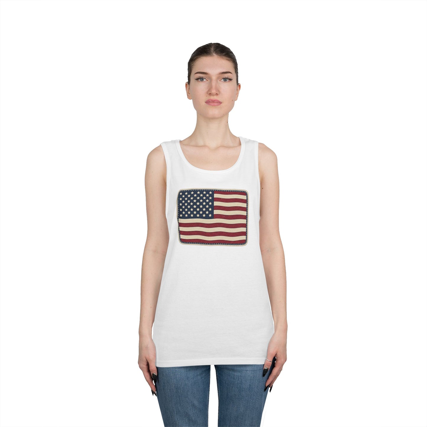 American Flag Tank Top — Vintage USA Patch "Made in USA" Sleeveless Tee