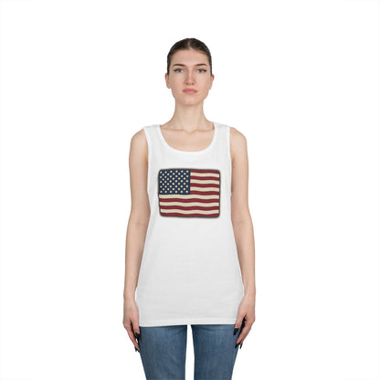 American Flag Tank Top — Vintage USA Patch "Made in USA" Sleeveless Tee