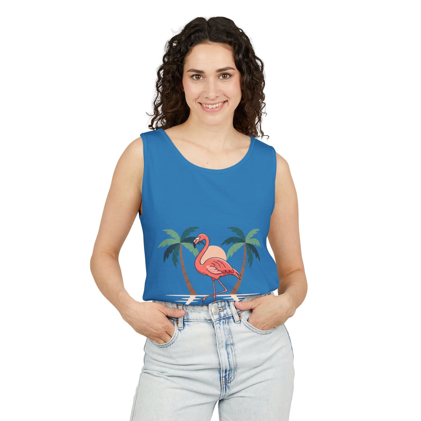 Flamingo Beach Tank Top — Tropical Palm Vacation Graphic Tank