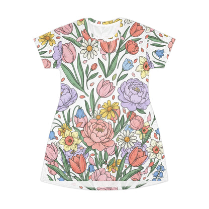 Floral All-Over Print T-Shirt Dress — Pastel Spring Garden Pattern