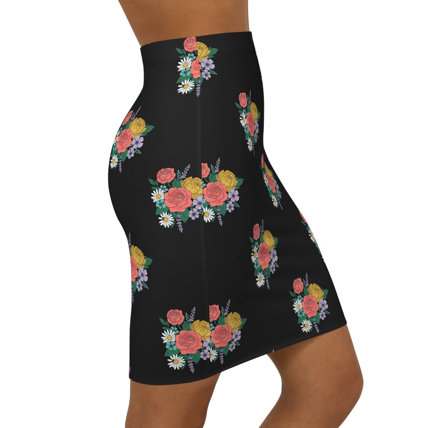 Floral Bouquet Pencil Skirt — Black Mid‑Waist Floral Print