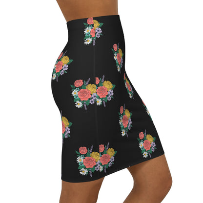 Floral Bouquet Pencil Skirt — Black Mid‑Waist Floral Print
