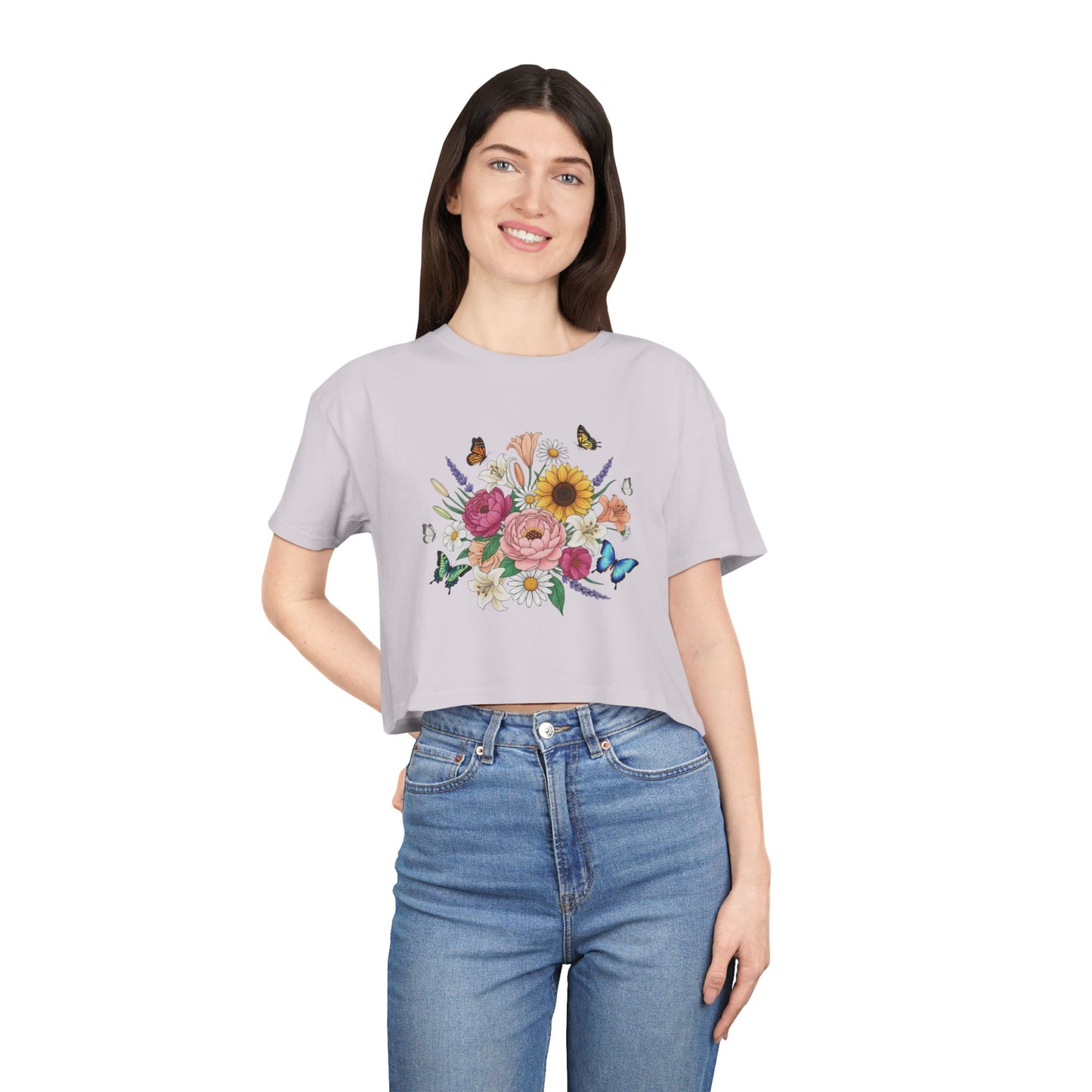 Floral Bouquet Crop Tee — Sunflower & Butterfly Garden Top