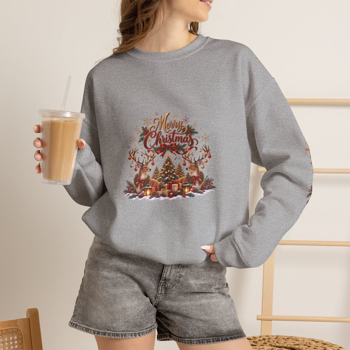 Merry Christmas Reindeer & Christmas Tree Sweatshirt – Festive Holiday Crewneck with Decorative Sleeves