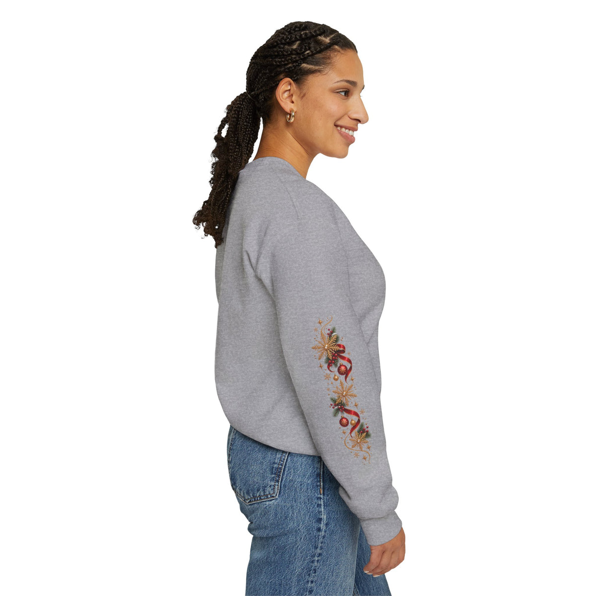 Merry Christmas Reindeer & Christmas Tree Sweatshirt – Festive Holiday Crewneck with Decorative Sleeves